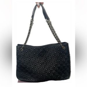 Tory Burch Marion Black Diamond Quilted Leather Chain Strap Tote Bag Handbags